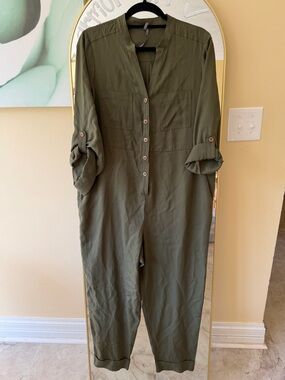 Anthropologie Olive Green Button-Front Utility Jumpsuit